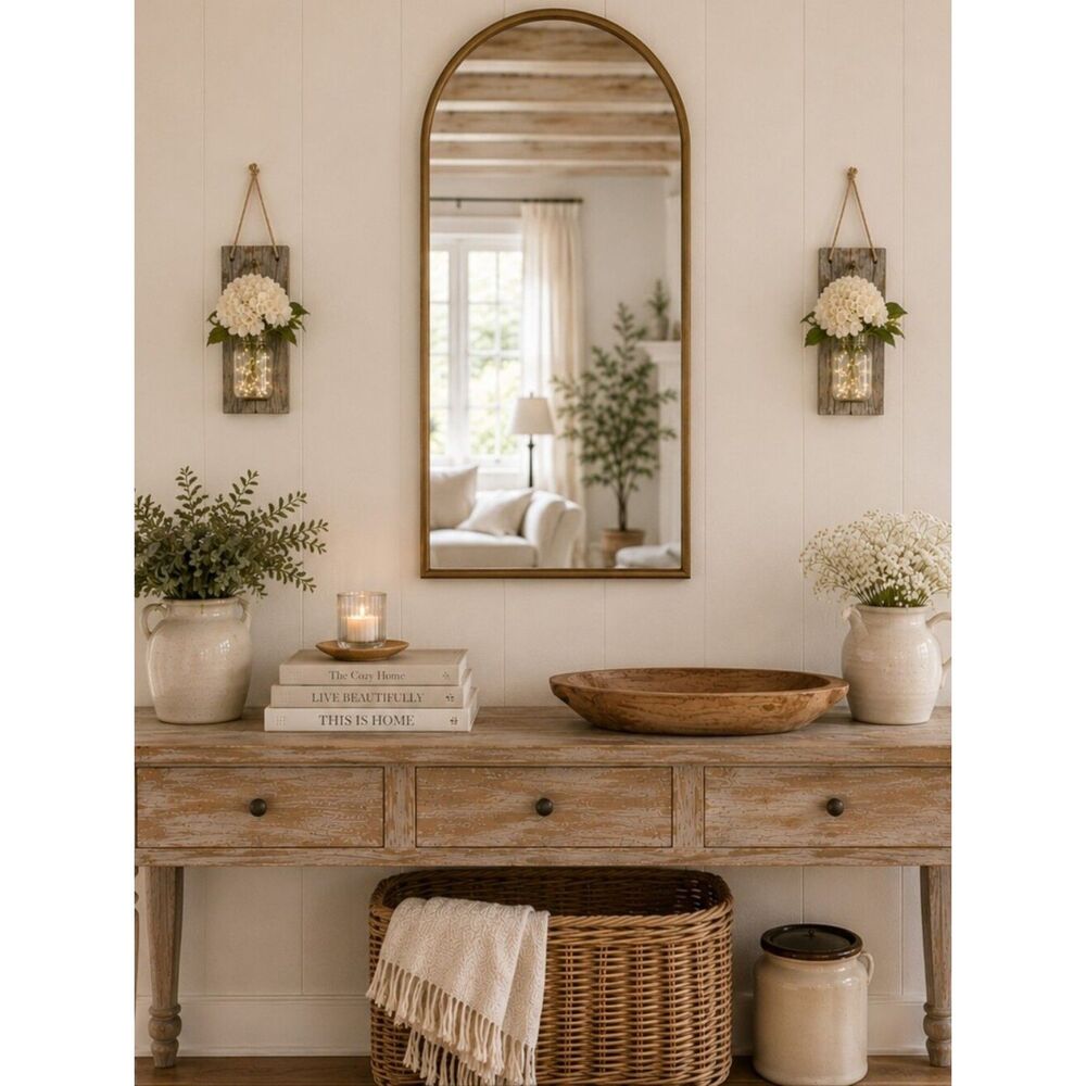 Gray Wood Wall Hooks Hanging Mason Jars Lights And Flowers Decor Cottagecore